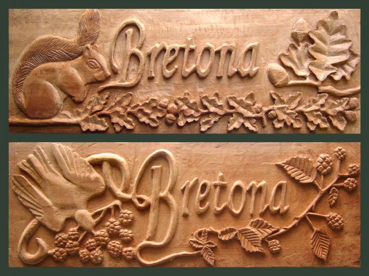 Bretona house sign carved front and back