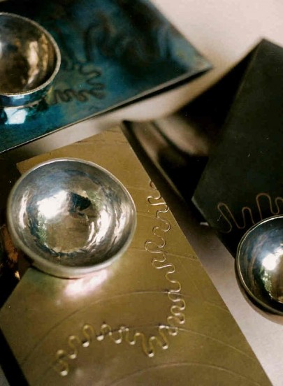 Coloured Pewter Sake Cups and Stands