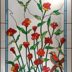 Floral window pattern with a Jay bird