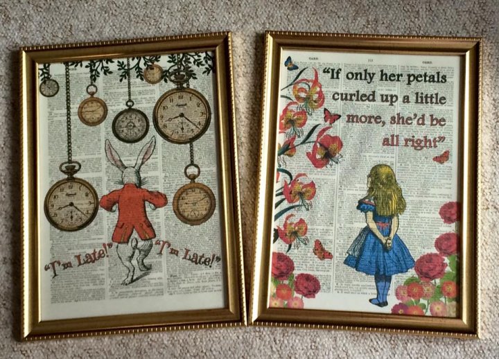 Alice in Wonderland Prints on C18th Dictionary Pages
